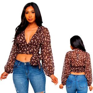 NWT Long Sleeve Wrap Crop Shirt Top Brown FLORAL Print